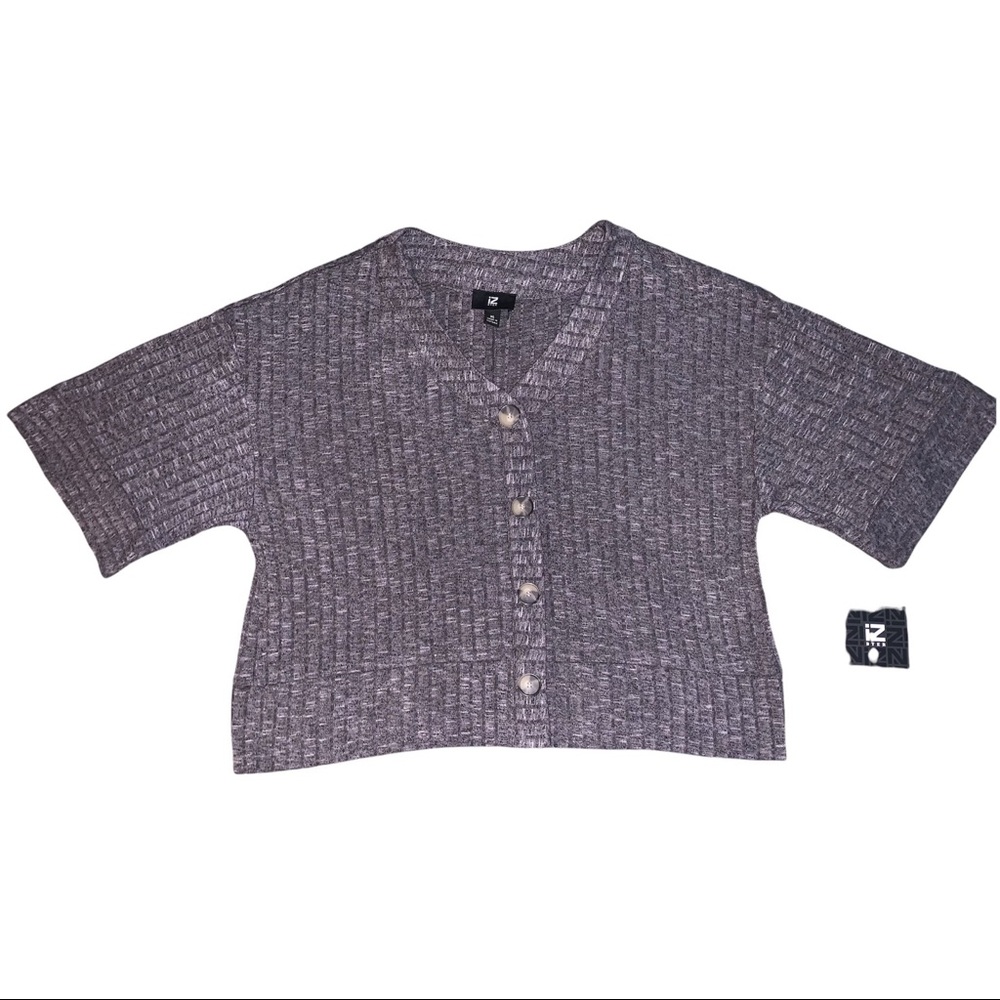 Basic Grey Ribbed Short Sleeve Button Up Cardigan